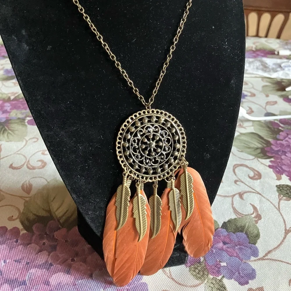 Gold and Orange Dreamcatcher Necklace